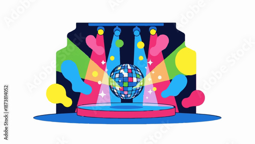 Colorful disco ball reflects lights on a stage with abstract shapes