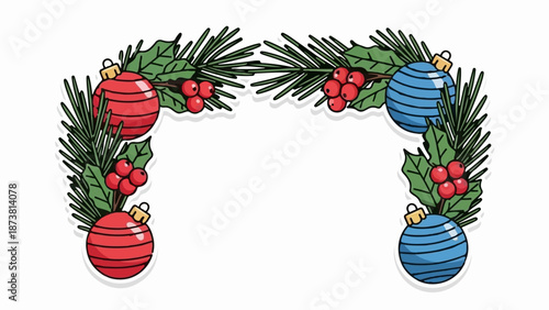 Festive archway with evergreen branches, holly berries, and striped ornaments