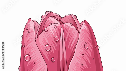 Close-up of a pink tulip bud adorned with numerous glistening water droplets