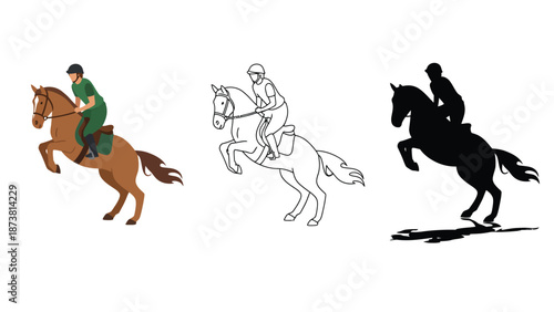 An illustration of a man riding a horse in three different styles