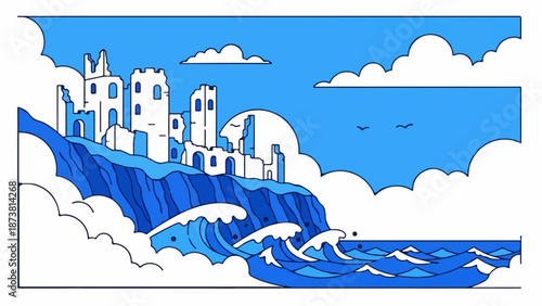 Crumbled coastal castle ruins amidst crashing waves and sky clouds