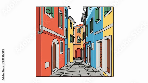 Colorful European alleyway with stone pavement and arched doorway