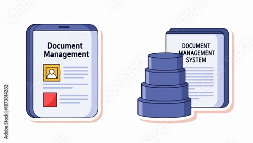 Digital interfaces display document organization concepts, showcasing data management