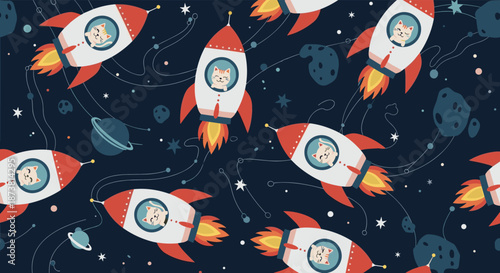 Seamless outer space pattern with cute cat astronauts in rocket ships flying among planets and asteroids on a dark blue background for kids.