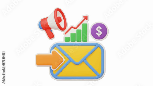 Digital marketing icon set megaphone, growth chart, dollar coin, and inbound mail with arrow