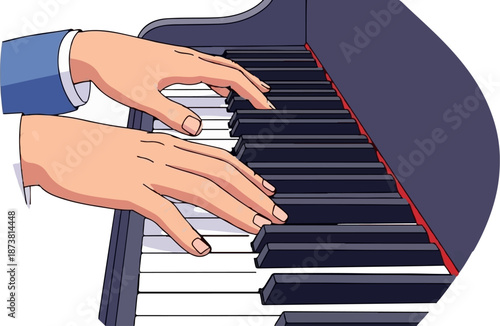 Close-up of hands playing a grand piano with detailed keys