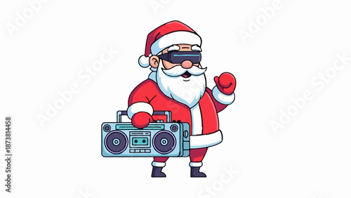 Festive character in VR headset with retro boombox, celebrating joyfully