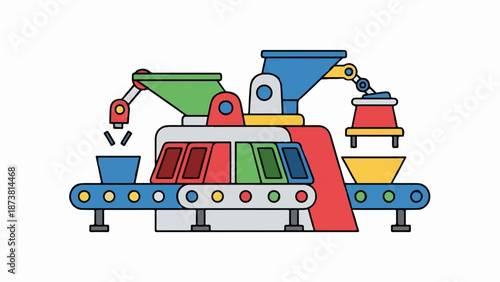 Colorful factory machine with conveyor belt and robotic arms assembling items