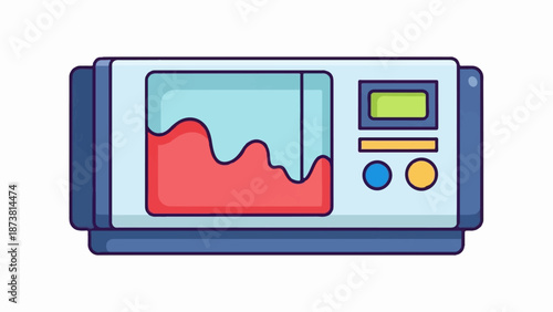 Digital monitor displays a wavy red graph and a small green screen