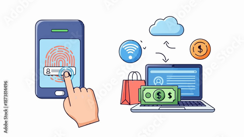 Digital security and online transactions with mobile, laptop, shopping, and money