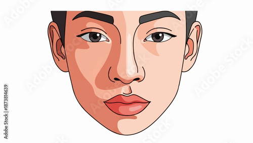 Close-up stylized illustration of a young person's face, featuring large eyes, nose, and lips