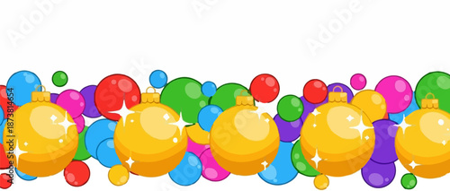 Colorful festive ornaments and circular shapes arranged in a celebratory border