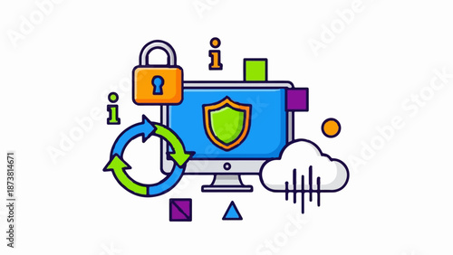 Digital security system with padlock, shield, and cloud icons