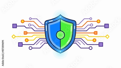 Digital shield protected by colorful circuit board lines, representing data security
