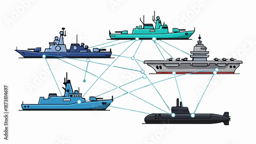Connected naval vessels and a submarine form a network on a white background