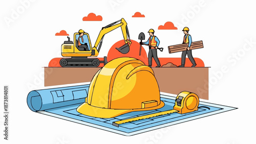 Construction site with digger, workers, plans, hard hat, and tape measure
