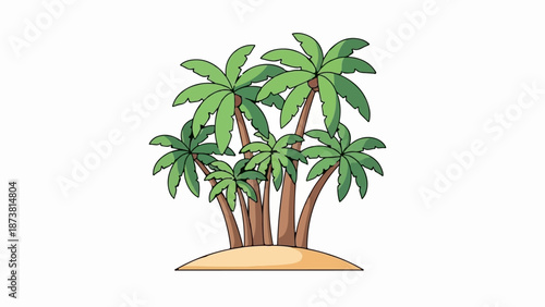 Cluster of lush green palm trees on a sandy mound