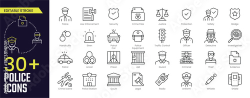 Police Stroke icon collections. Containing Law Enforcement, Siren, Prison, Criminal, Uniform, Legal, Police Station, Traffic Control, and Detective icons. Editable Stroke icon collection Outline icon