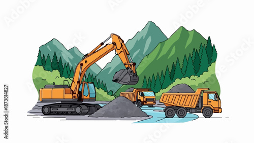 Construction site with excavator and trucks in a mountainous, forested area