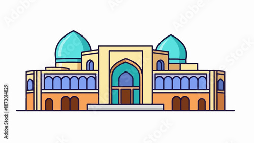 Colorful, geometric building with arched windows and domes