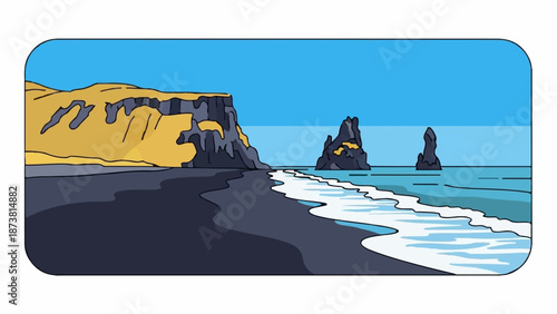 Coastal cliffs meet black sand beach with ocean stacks under blue sky