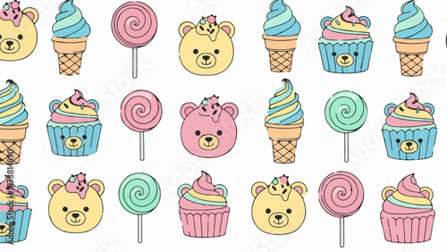 Cute cartoon bears, cupcakes, ice cream cones, and lollipops in pastel colors