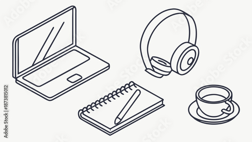 Minimal icons of remote work essentials laptop, coffee, notebook and pen
