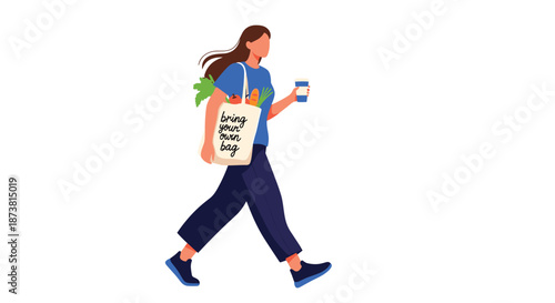 A woman walking with a reusable tote bag full of groceries that says 'bring your own bag,' promoting an eco-friendly, zero-waste lifestyle.