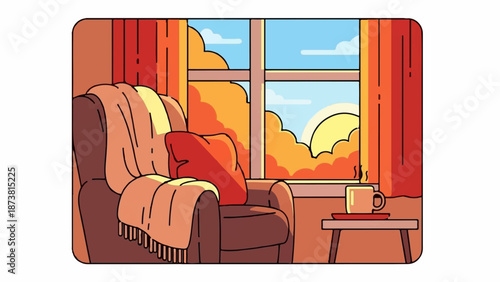 Cozy armchair by the window with autumn views and a warm drink
