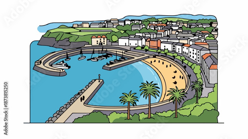 Coastal town with a bay, harbor, beach, and buildings