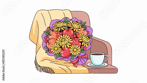 Cozy armchair with a fruit and flower bouquet, a warm blanket, and a coffee cup