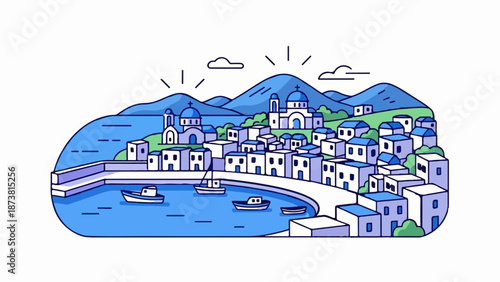 Coastal town with blue domes and white buildings, nestled by mountains and sea