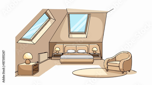 Cozy attic bedroom with skylights, a bed, and armchair