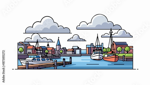 Coastal town with boats docked and buildings along the waterfront under clouds