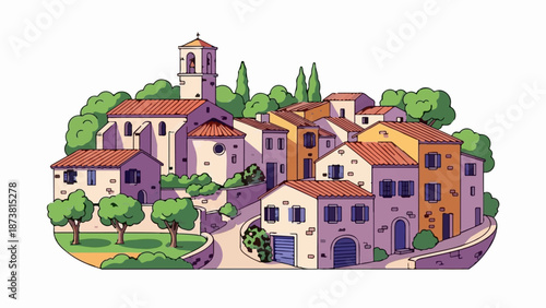 Colorful illustration of a picturesque hillside village with a church, houses, and green trees