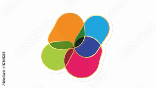 Colorful abstract overlapping petal shapes with gold trim on white