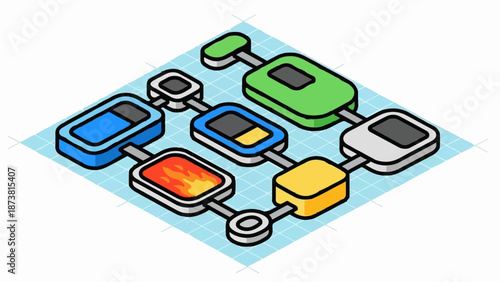 Colorful isometric grid with connected, abstract shapes representing different states or functions