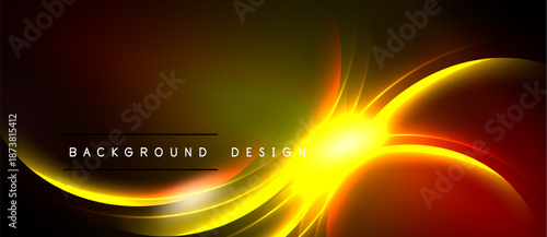 Abstract vibrant design features glowing curves, bright yellow center, dark background. Smooth gradients create dynamic visual effect.