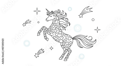 A magical unicorn coloring page illustration, showing the creature rearing up, its body covered in hearts, surrounded by stars and comets.