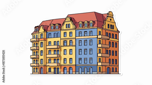 Colorful apartment building with multiple balconies and mansard roofs