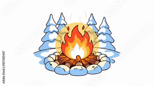 Cozy campfire glows warmly surrounded by snow-covered trees under a pale sun