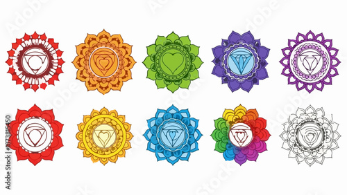 Colorful and grayscale chakra symbols arranged in two rows