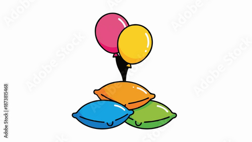 Colorful balloons float above a stack of cheerful, cartoon-style pillows
