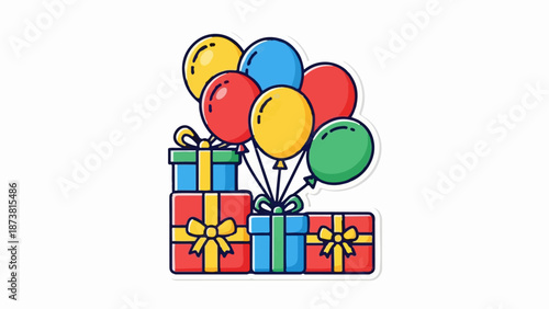 Colorful balloons float above stacks of festive gift boxes tied with bows