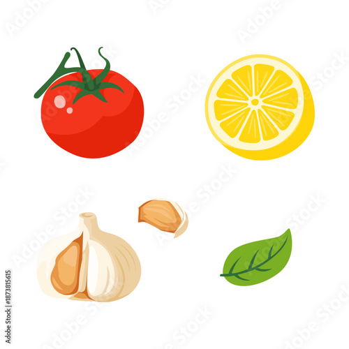 Fresh Cooking Ingredients Set with Tomato, Lemon, Garlic and Basil