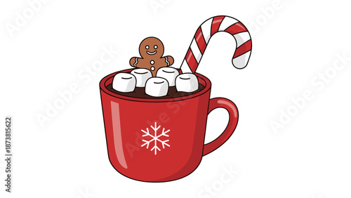 Festive Hot Chocolate with Gingerbread Man and Candy Cane Illustration