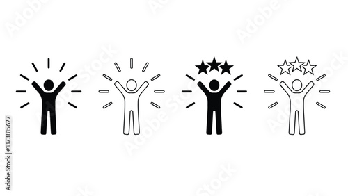 A set of simple icons depicting people celebrating with raised arms and stars
