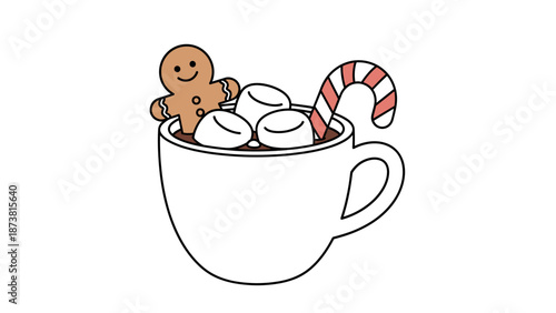 Hot Chocolate with Gingerbread Man and Candy Cane - Minimalist Illustration