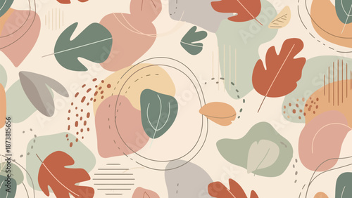 Abstract Nature's Tapestry: A visually calming composition of abstract shapes and botanical forms, including leaves and organic forms, creates a seamless pattern.