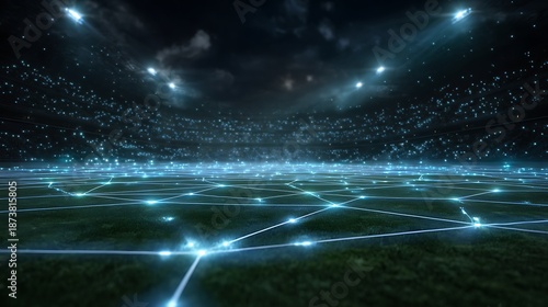 A stadium at night with illuminating lights forming a grid over a field